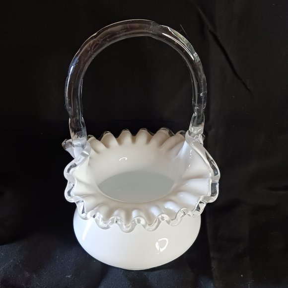 VINTAGE   FENTON White Milk Glass Basket Ruffles Handle Decor Home - Picture 3 of 10